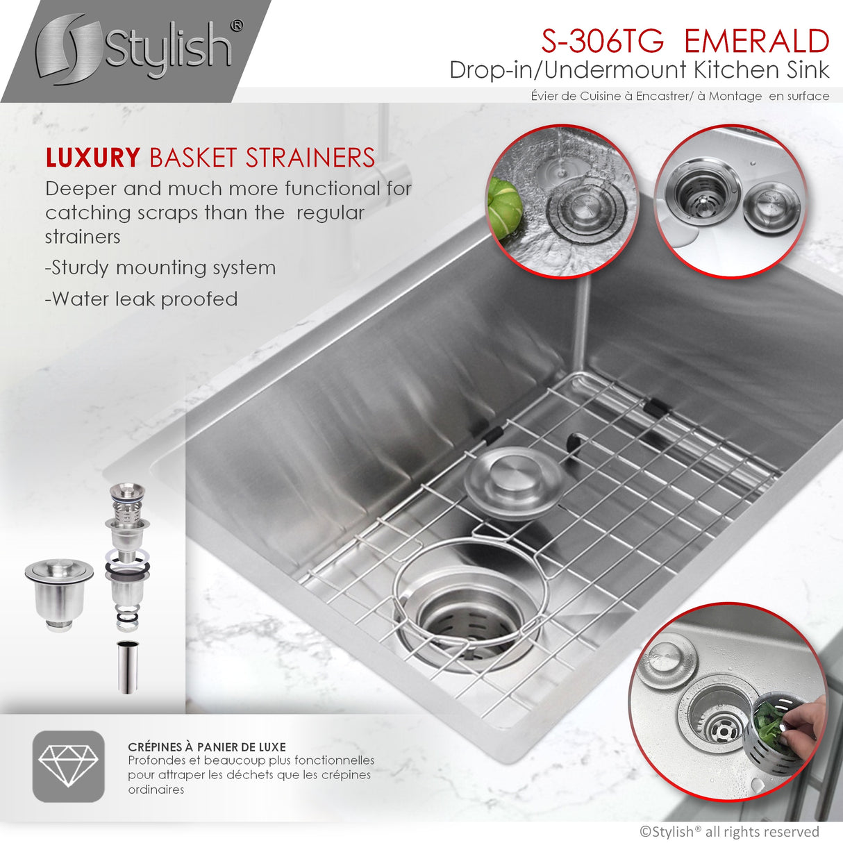 STYLISH 28 inch Single Bowl Drop-in/Undermount Stainless Steel Kitchen Sink S-306G