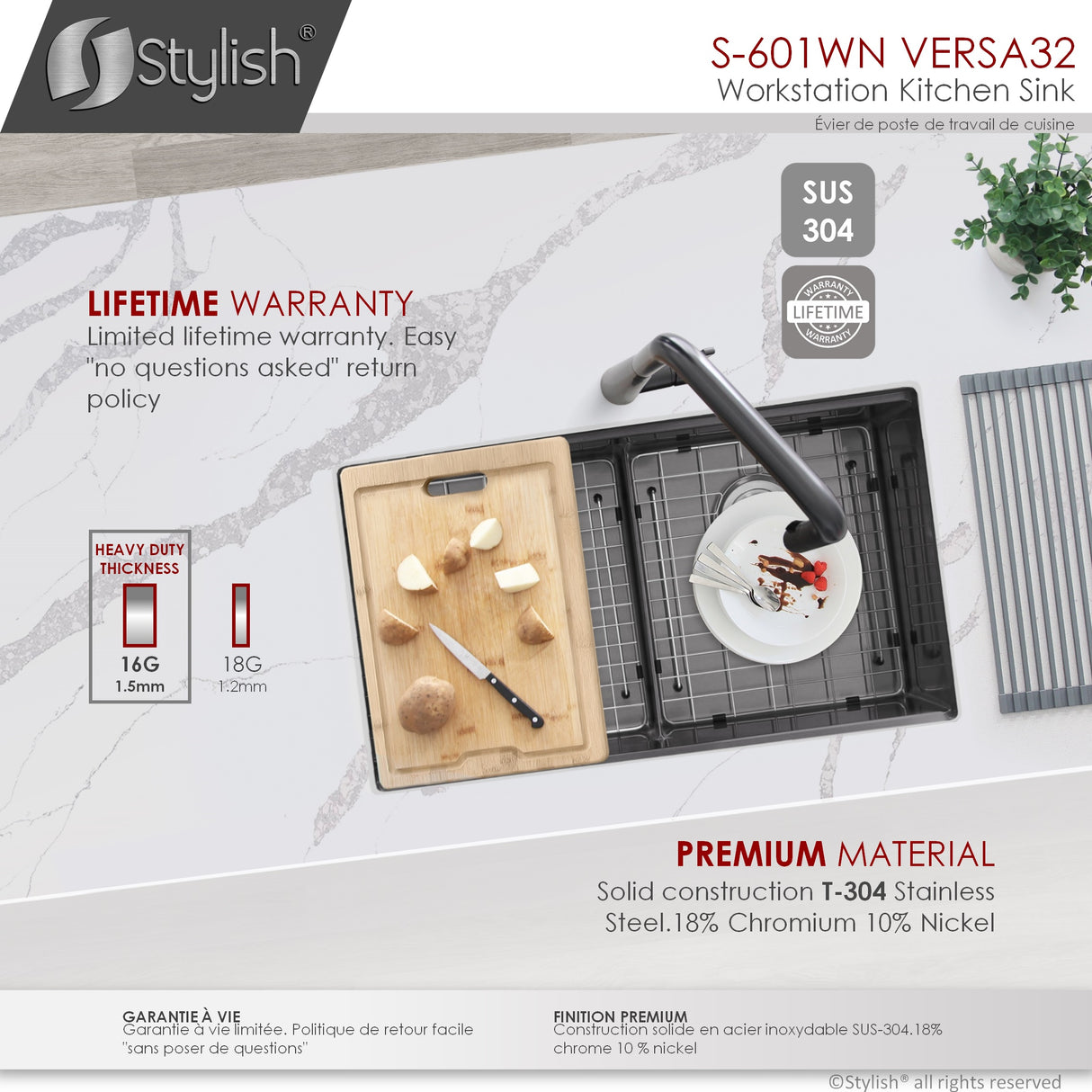 STYLISH 32 inch Workstation Double Bowl Undermount 16 Gauge Stainless Steel Kitchen Sink with Built in Accessories