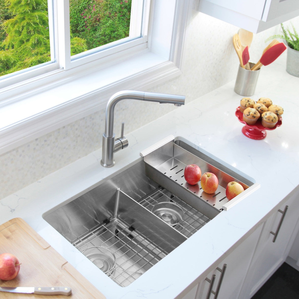 STYLISH 32 inch Slim Low Divider Double Bowl Undermount Stainless Steel Kitchen Sink