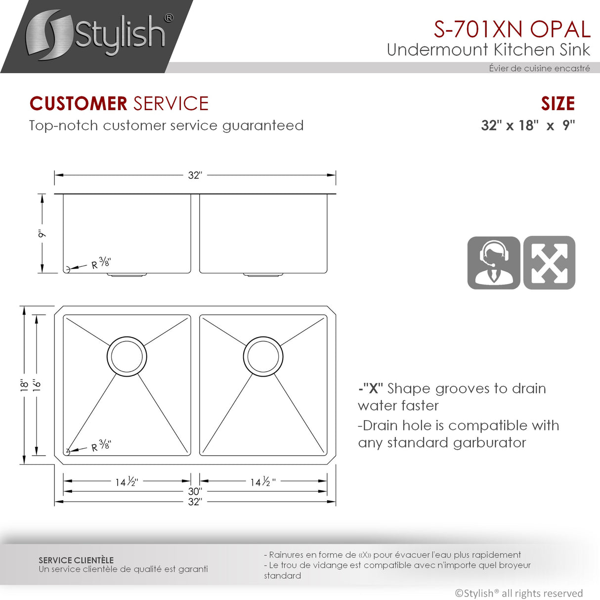 STYLISH 32 inch Graphite Double Bowl Undermount Stainless Steel Kitchen Sink