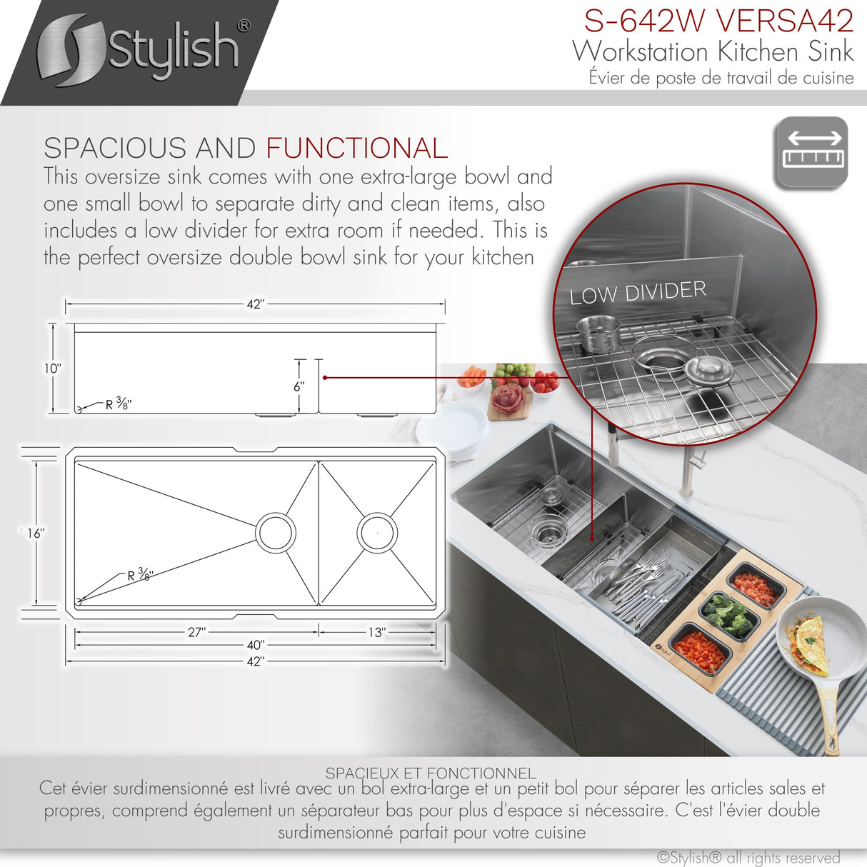 STYLISH 42 inch Workstation 70/30 Double Bowl Undermount Kitchen Sink with Built in Accessories