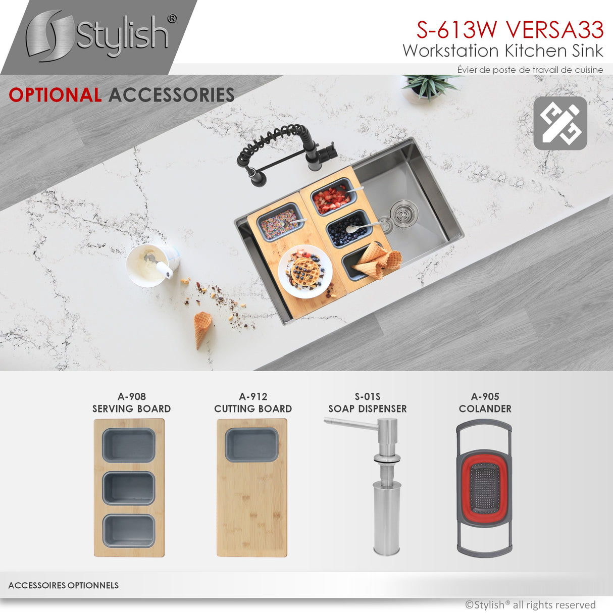 STYLISH 33 inch Workstation Single Bowl Undermount 16 Gauge Stainless Steel Kitchen Sink with Built in Accessories