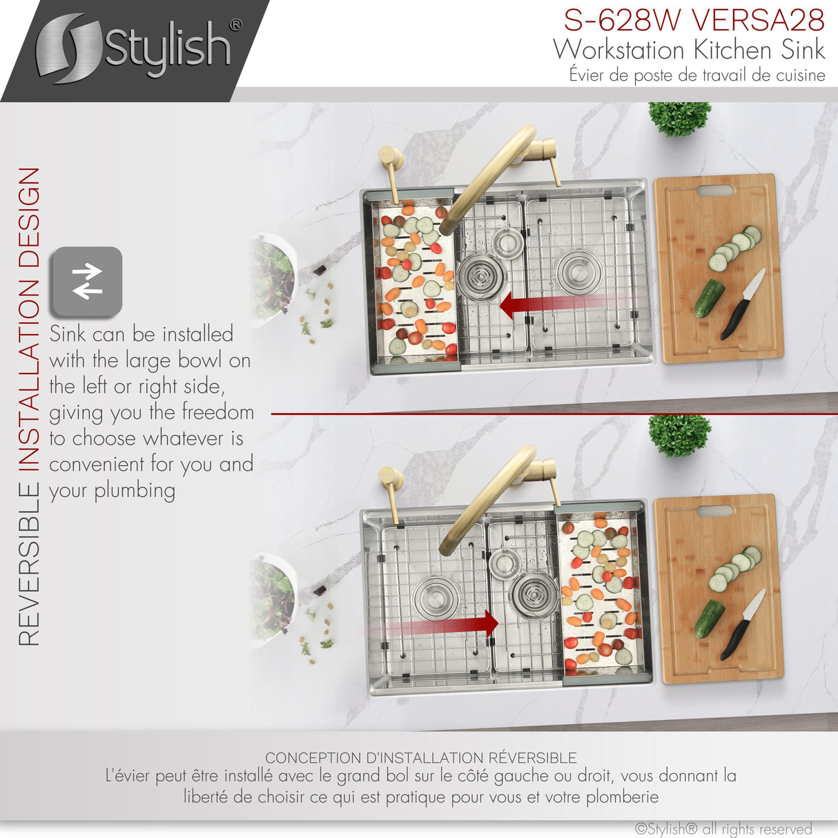 STYLISH 28 inch Workstation 60/40 Double Bowl Undermount Kitchen Sink with Built in Accessories