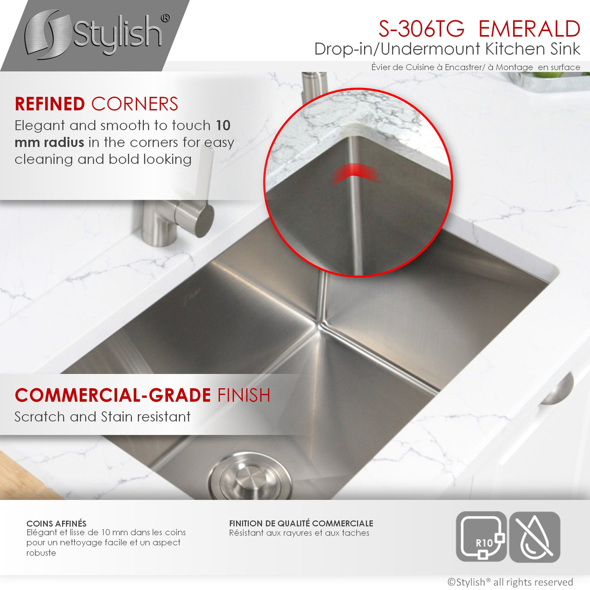 STYLISH 28 inch Single Bowl Drop-in/Undermount Stainless Steel Kitchen Sink S-306G