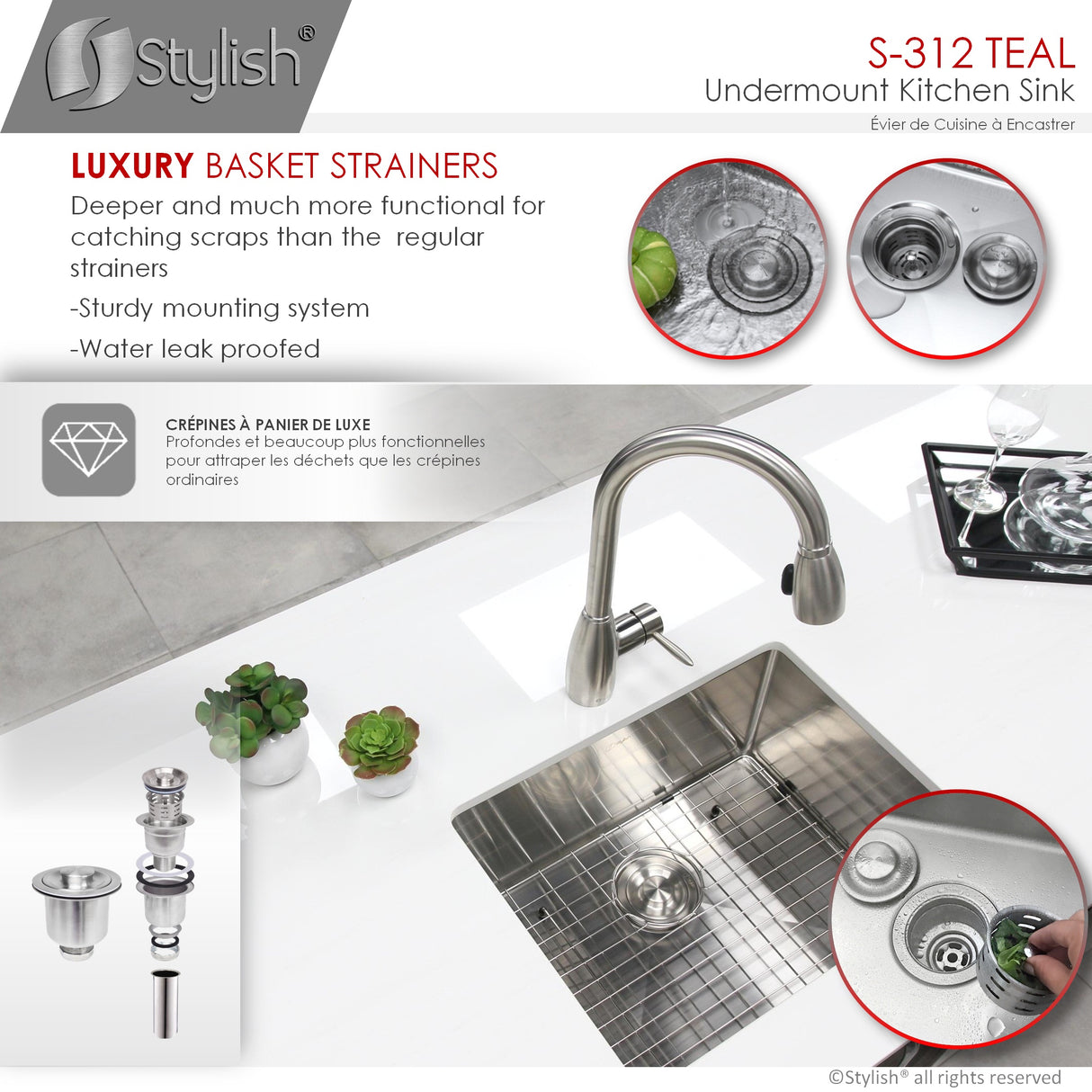 STYLISH 25 inch Single Bowl Undermount Stainless Steel Kitchen Sink