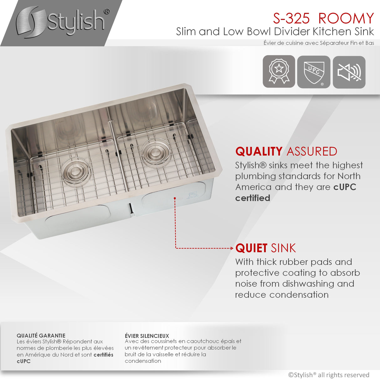 STYLISH 32 inch Low Divider 60-40 Double Bowl Undermount Stainless Steel Kitchen Sink