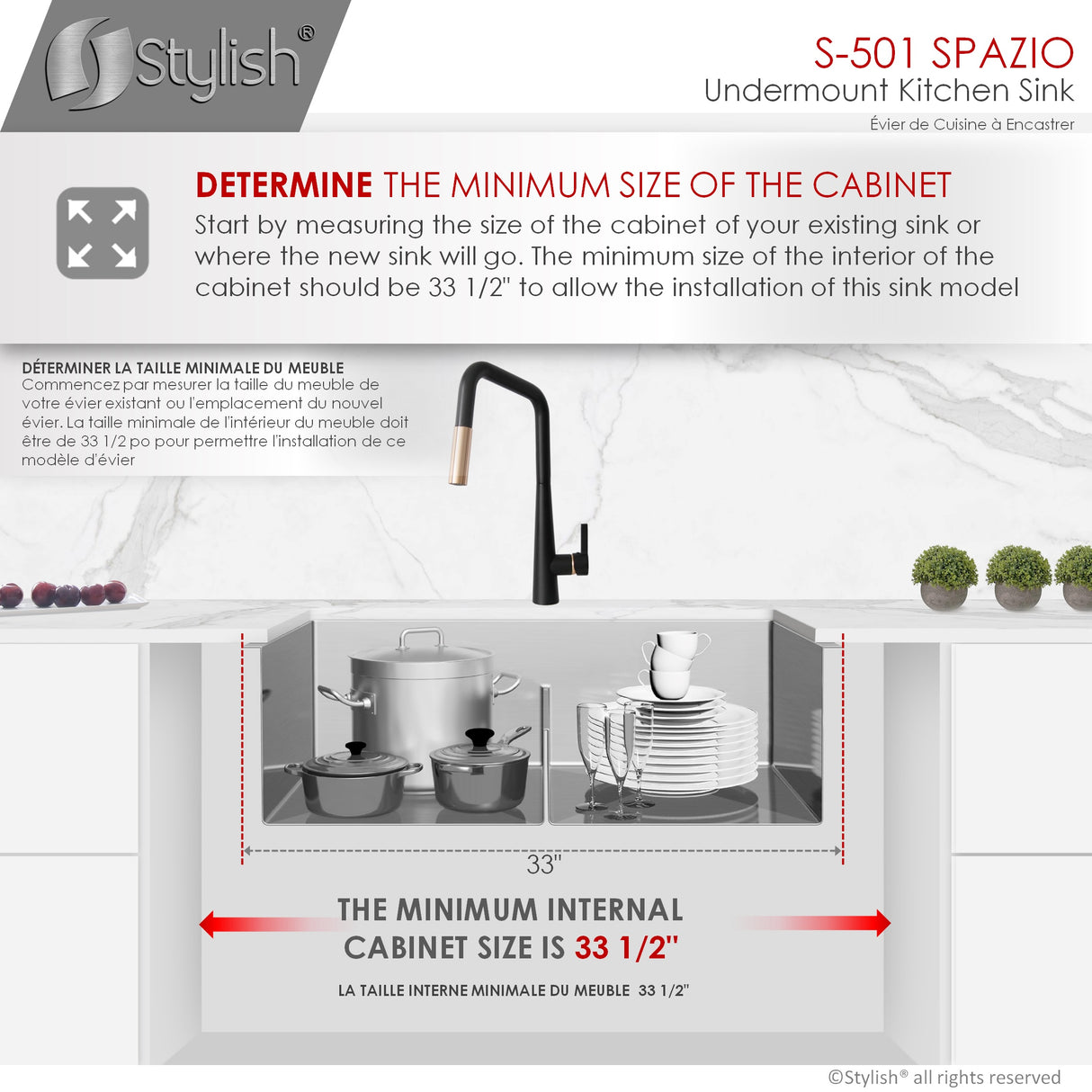 STYLISH 33 inch Slim Low Divider Double Bowl Undermount Stainless Steel Kitchen Sink