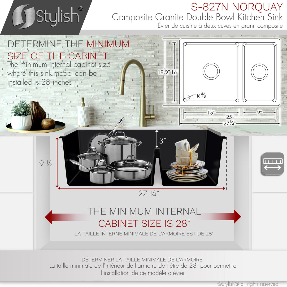 STYLISH 27 inch Dual Mount 60/40 Double Bowl Composite Granite Kitchen Sink with Strainer