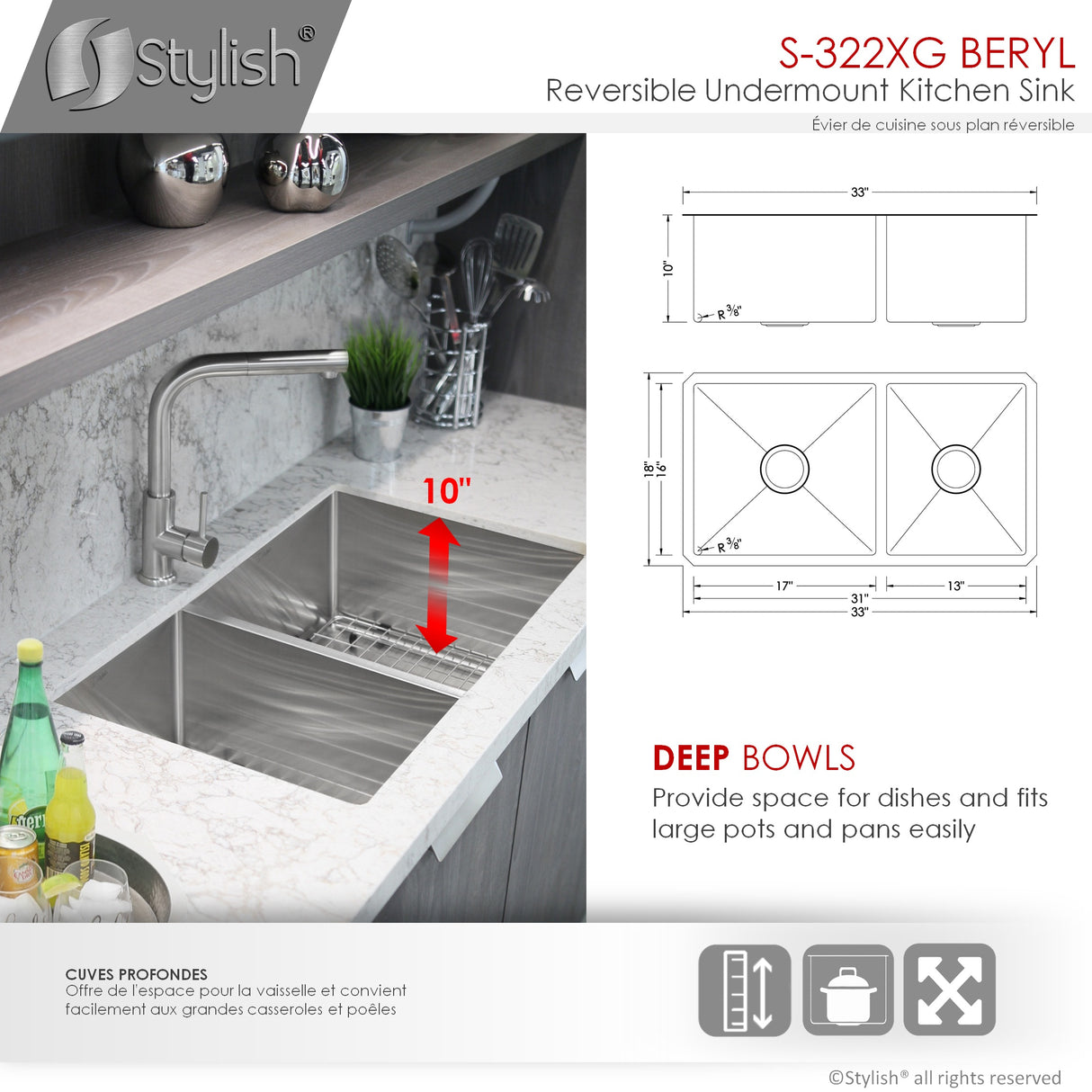 STYLISH 33 inch Double Bowl 60/40 Reversible Undermount 16G Stainless Steel Kitchen Sink