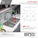 STYLISH 33 inch Double Bowl 60/40 Reversible Undermount 16G Stainless Steel Kitchen Sink