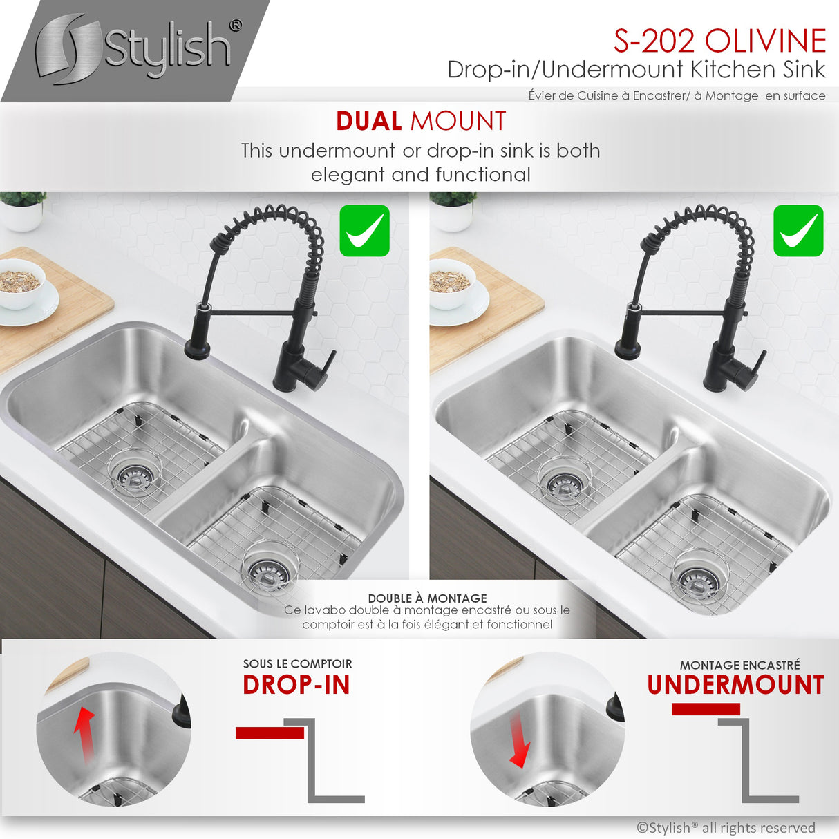 STYLISH 32 Low Divider Double Undermount and Drop-in Kitchen Sink