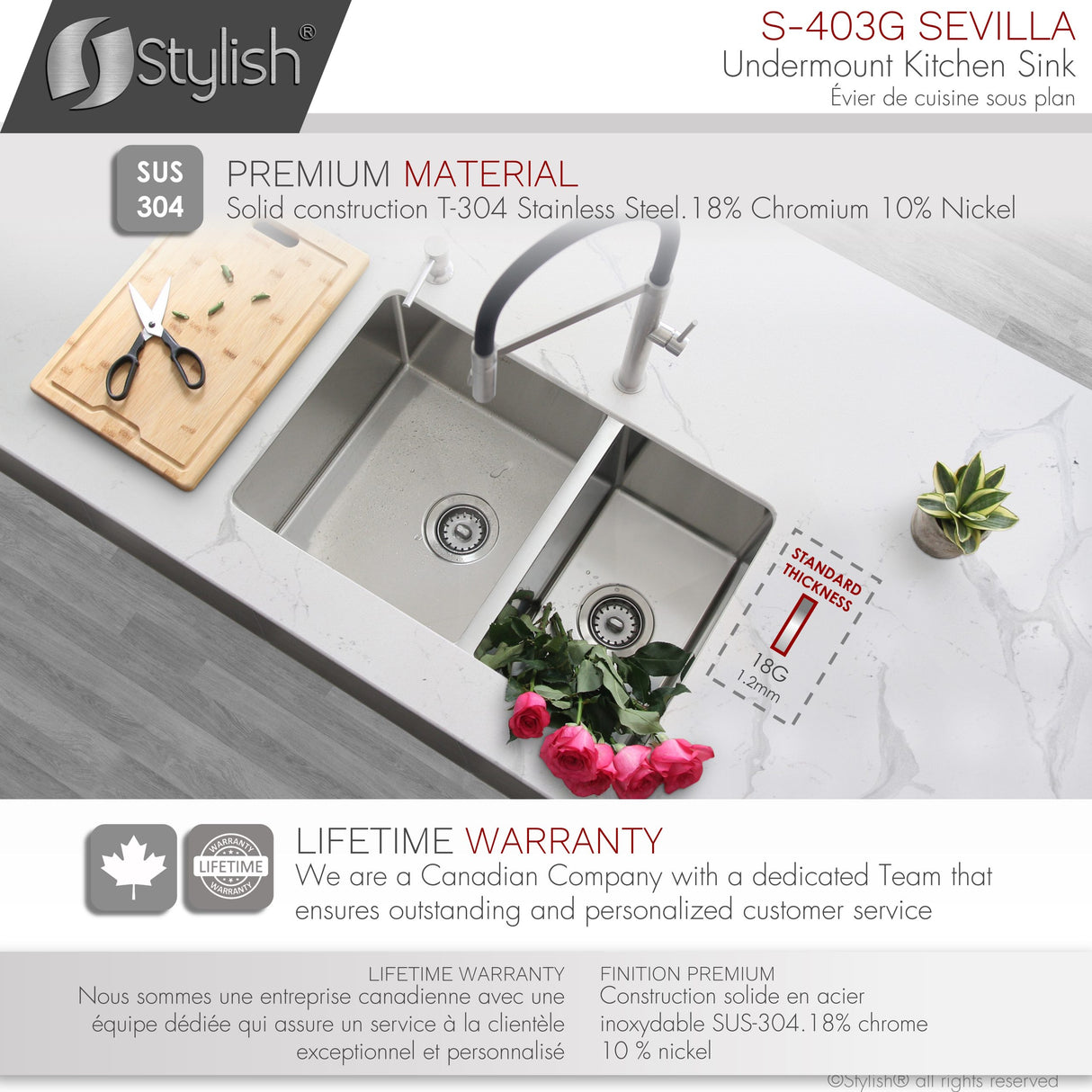 28 in Undermount Double Bowl Kitchen Sink, 18 Gauge Stainless Steel with Grids and Standard Strainers , by Stylish Sevilla