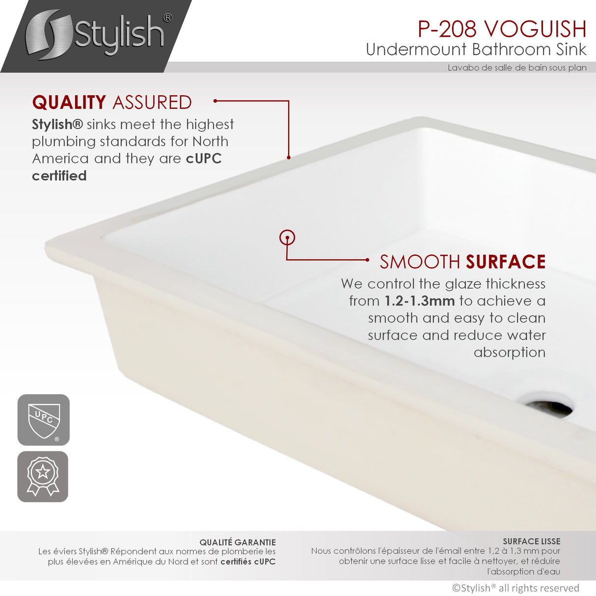 STYLISH 24 inch Rectangular Undermount Ceramic Bathroom Sink with 2 Overflow Finishes