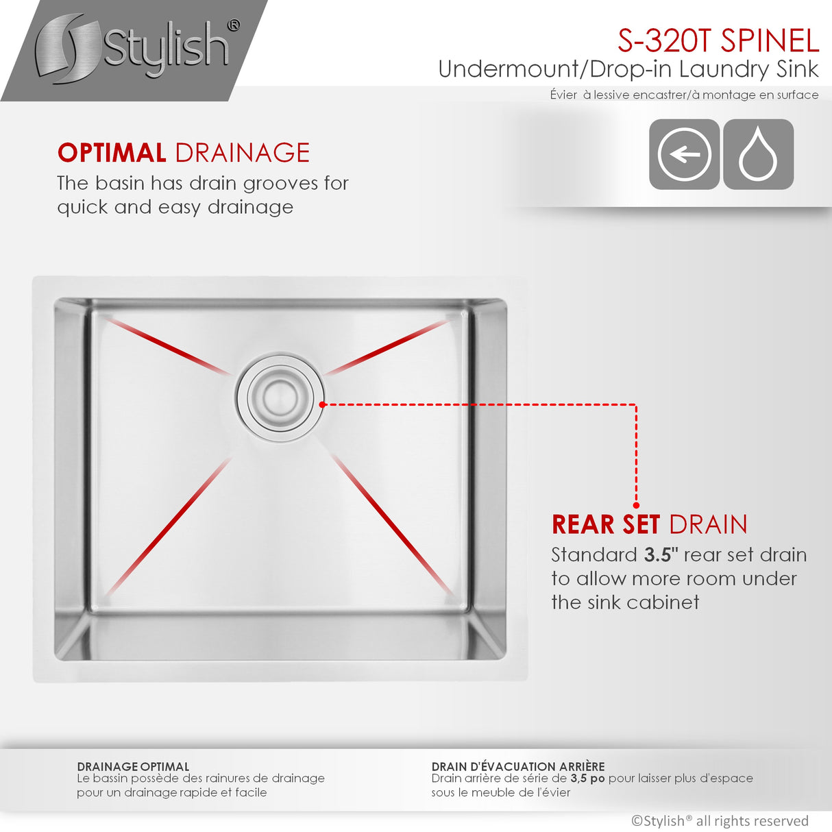STYLISH 22 x 18 inch Single Bowl Undermount and Drop-in Stainless Steel Laundry Sink