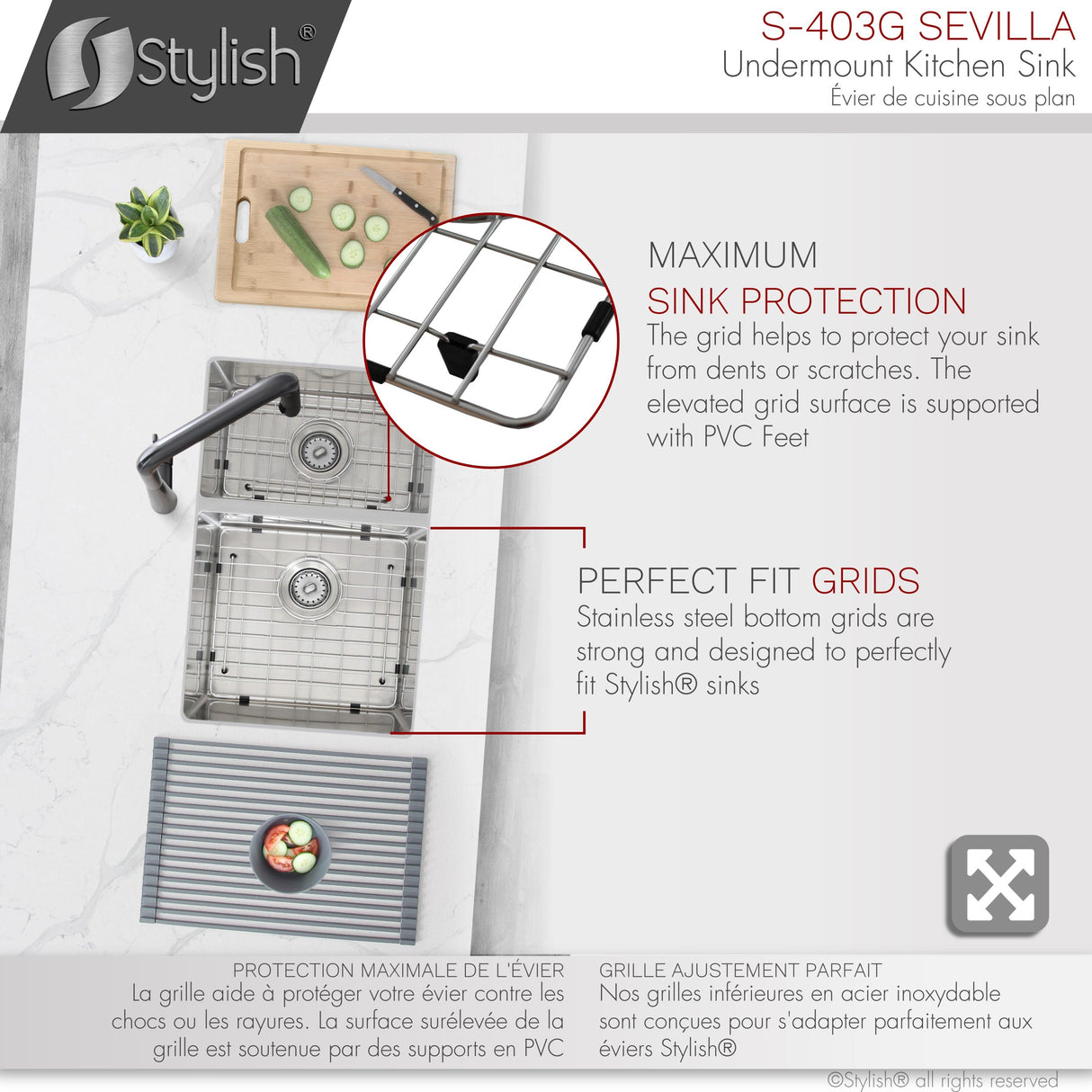 28 in Undermount Double Bowl Kitchen Sink, 18 Gauge Stainless Steel with Grids and Standard Strainers , by Stylish Sevilla