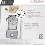 28 in Undermount Double Bowl Kitchen Sink, 18 Gauge Stainless Steel with Grids and Standard Strainers , by Stylish Sevilla