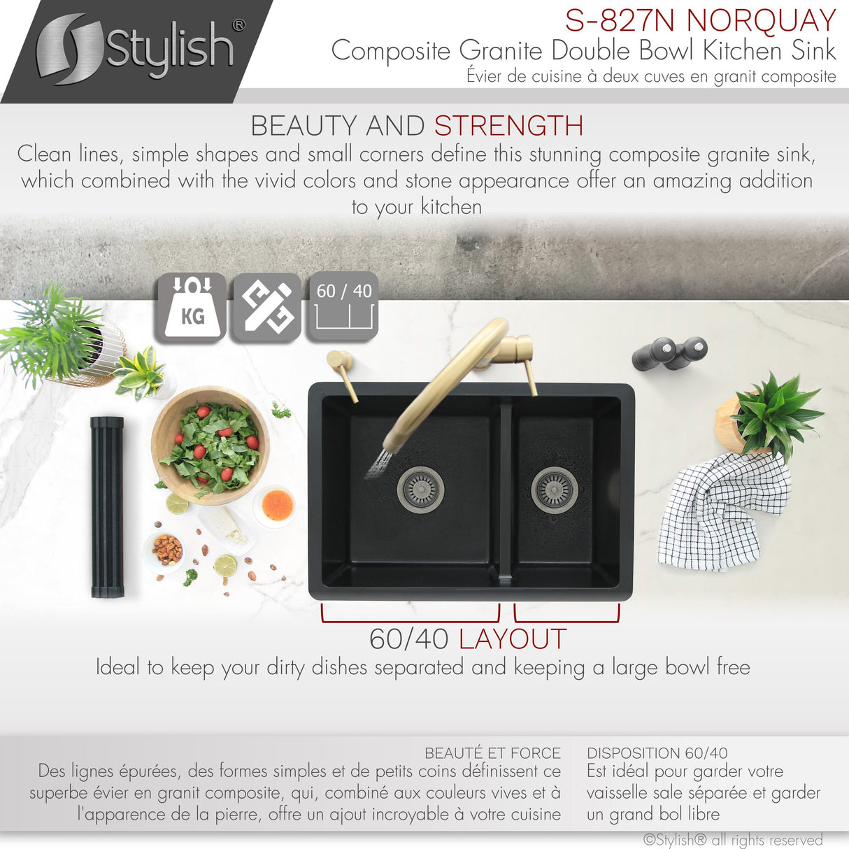 STYLISH 27 inch Dual Mount 60/40 Double Bowl Composite Granite Kitchen Sink with Strainer