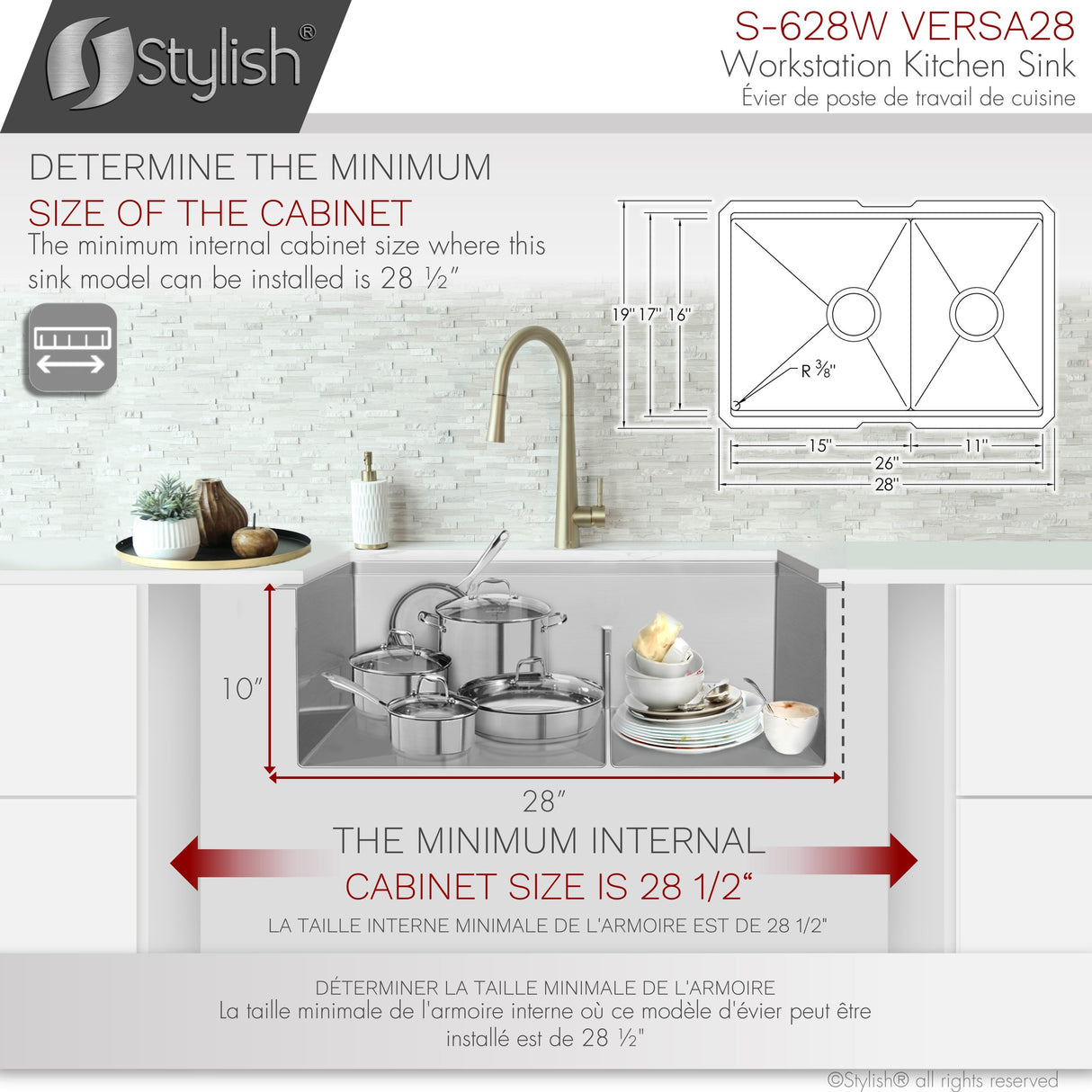 STYLISH 28 inch Workstation 60/40 Double Bowl Undermount Kitchen Sink with Built in Accessories
