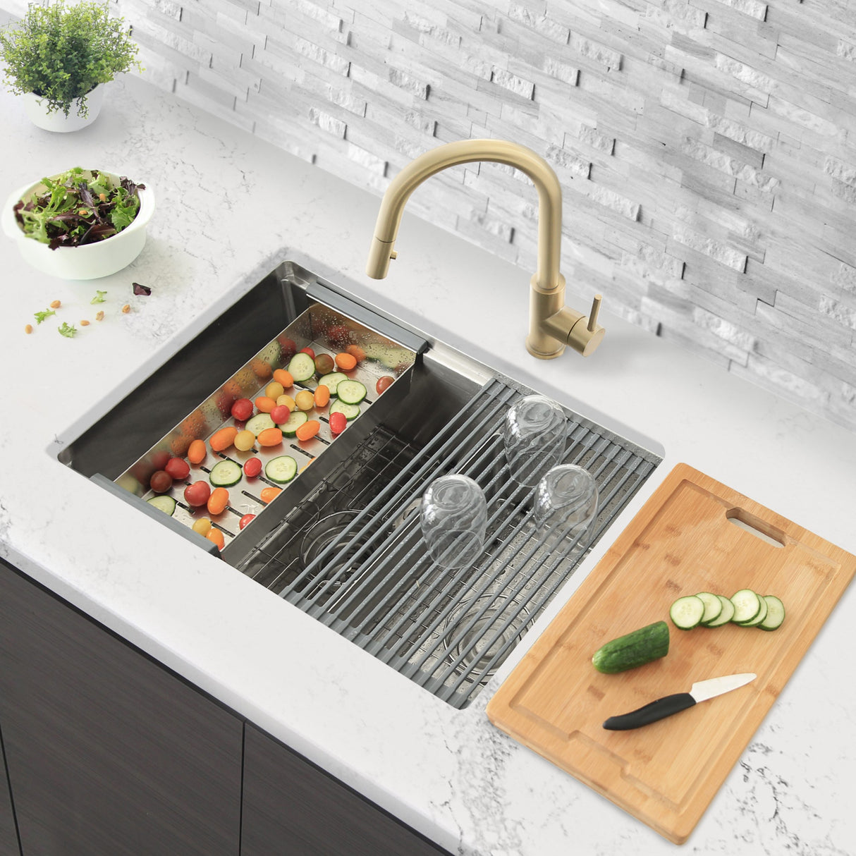 STYLISH 28 inch Workstation 60/40 Double Bowl Undermount Kitchen Sink with Built in Accessories