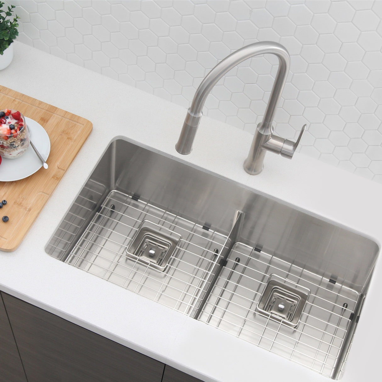 STYLISH 33 inch Slim Low Divider Double Bowl Undermount Stainless Steel Kitchen Sink