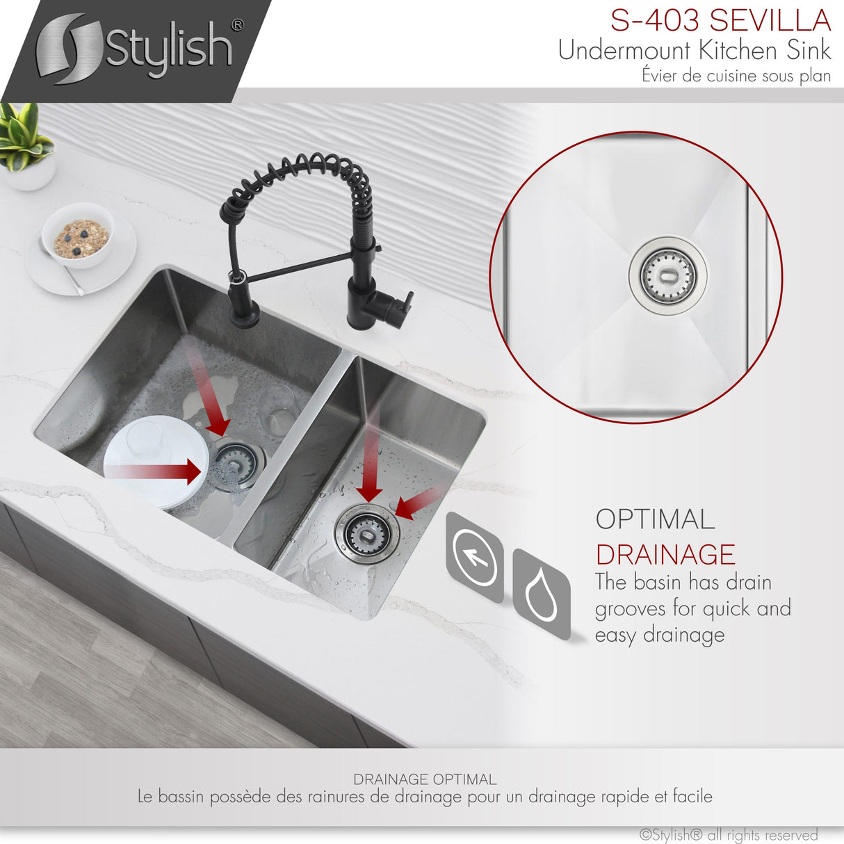 28 in Undermount Double Bowl Kitchen Sink, 18 Gauge Stainless Steel with Standard Strainers, by Stylish Sevilla