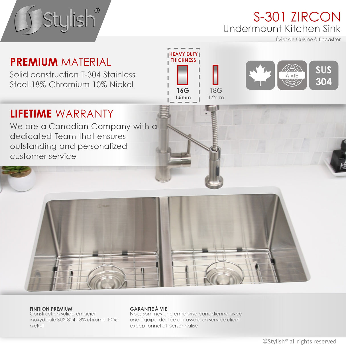 STYLISH 28 inch Double Bowl Undermount Stainless Steel Kitchen Sink