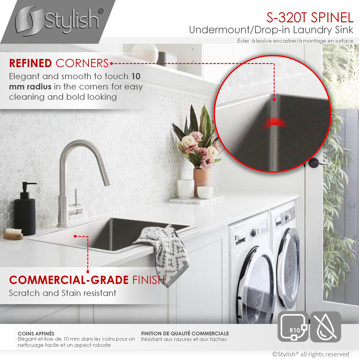 STYLISH 22 x 18 inch Single Bowl Undermount and Drop-in Stainless Steel Laundry Sink