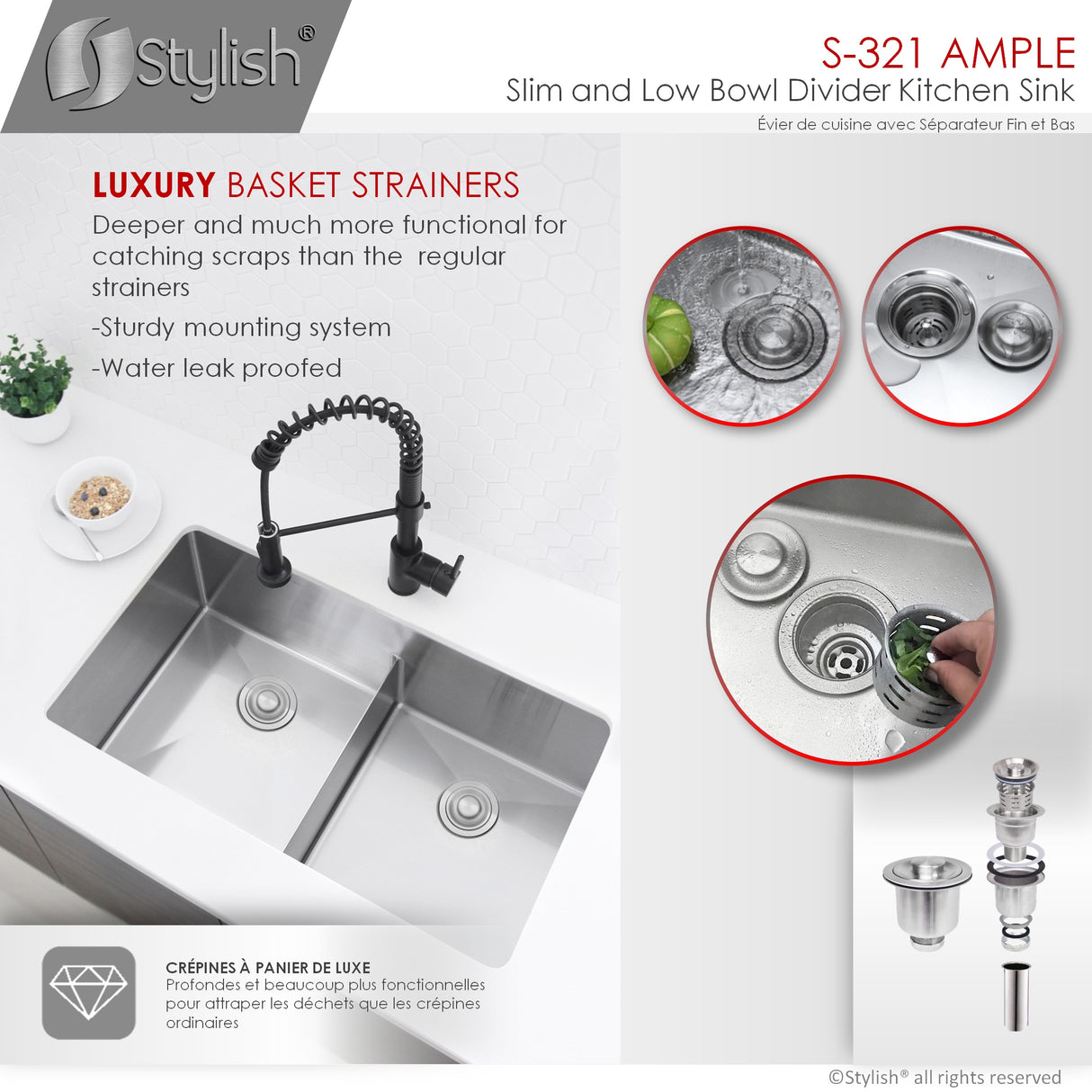 STYLISH 32 inch Slim Low Divider Double Bowl Undermount Stainless Steel Kitchen Sink