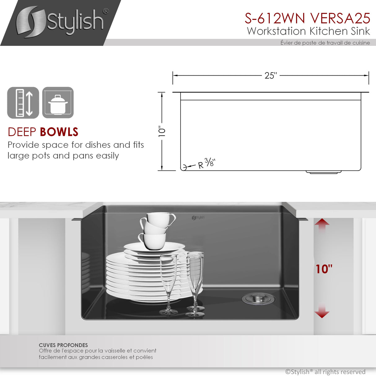 STYLISH 25 inch Workstation Single Bowl Undermount 16 Gauge Stainless Steel Kitchen Sink with Built in Accessories