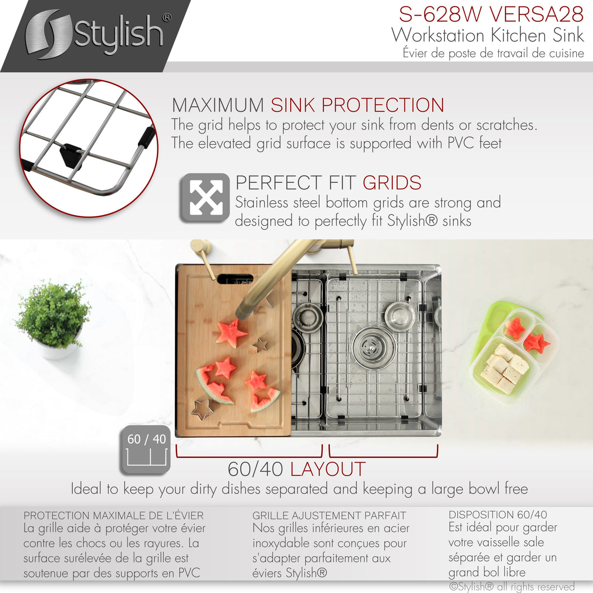 STYLISH 28 inch Workstation 60/40 Double Bowl Undermount Kitchen Sink with Built in Accessories