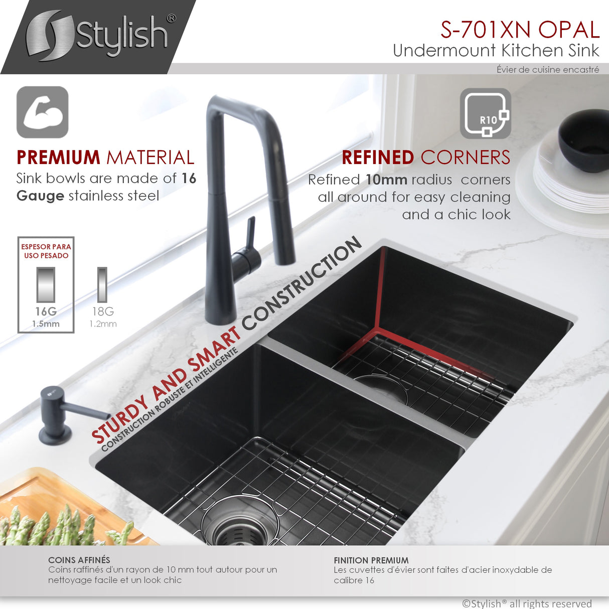 STYLISH 32 inch Graphite Double Bowl Undermount Stainless Steel Kitchen Sink