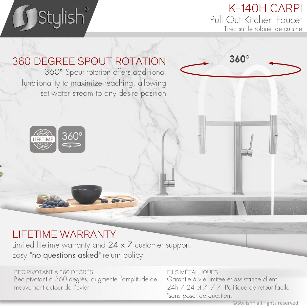 STYLISH Stainless Steel Single Handle Pull Out Dual Mode Kitchen Sink Faucet with Spout Hose