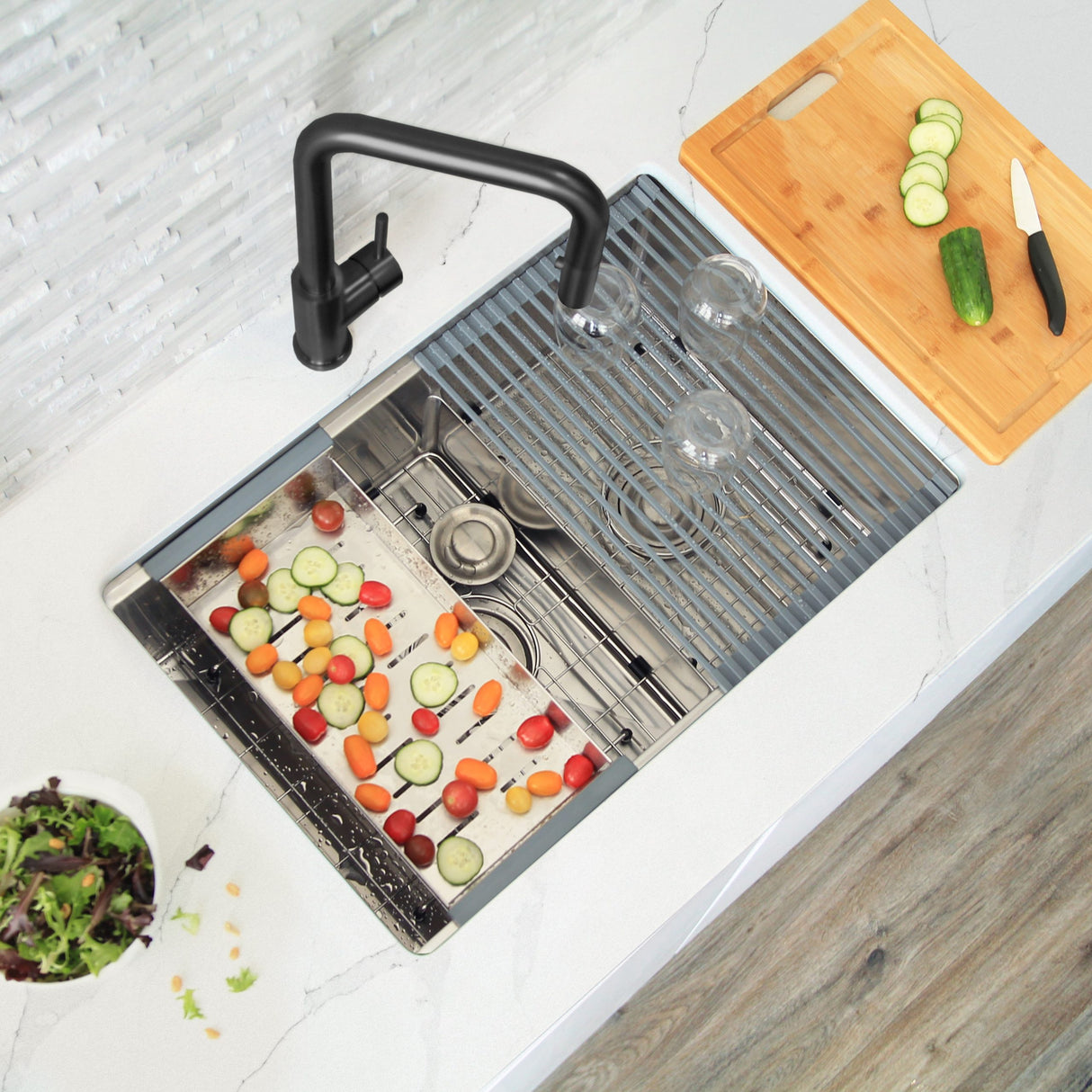 STYLISH 28 inch Workstation 60/40 Double Bowl Undermount Kitchen Sink with Built in Accessories