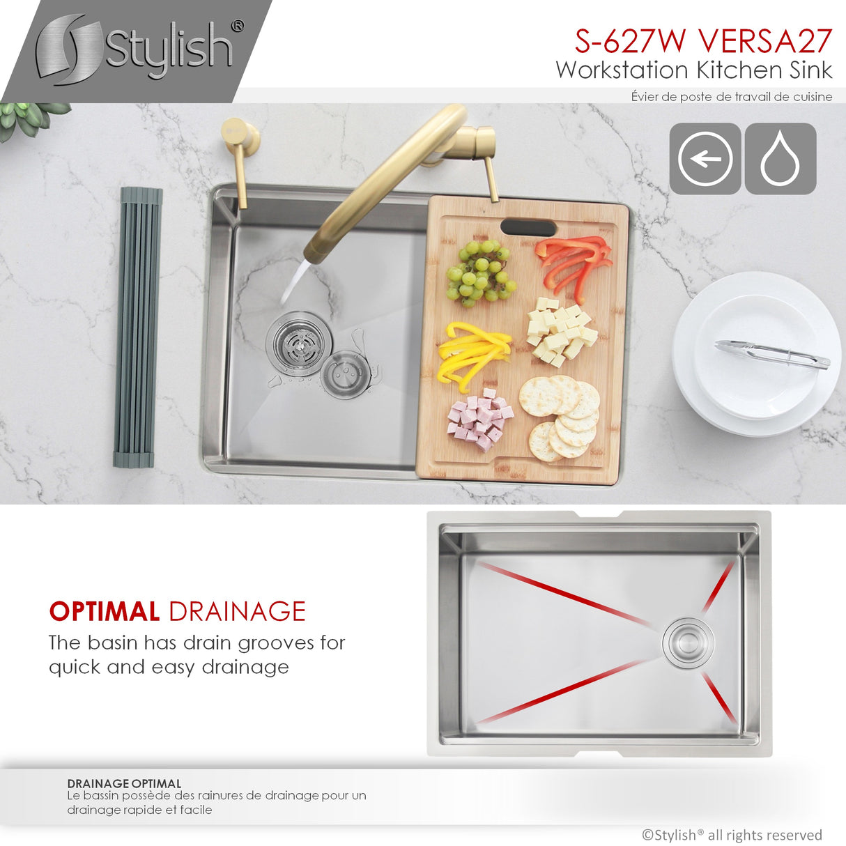 STYLISH 27 inch Workstation Single Bowl Undermount 16 Gauge Stainless Steel Kitchen Sink with Built in Accessories