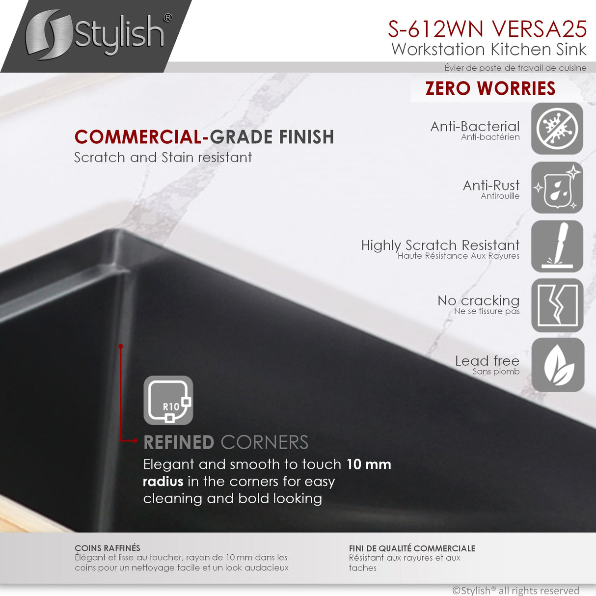 STYLISH 25 inch Workstation Single Bowl Undermount 16 Gauge Stainless Steel Kitchen Sink with Built in Accessories