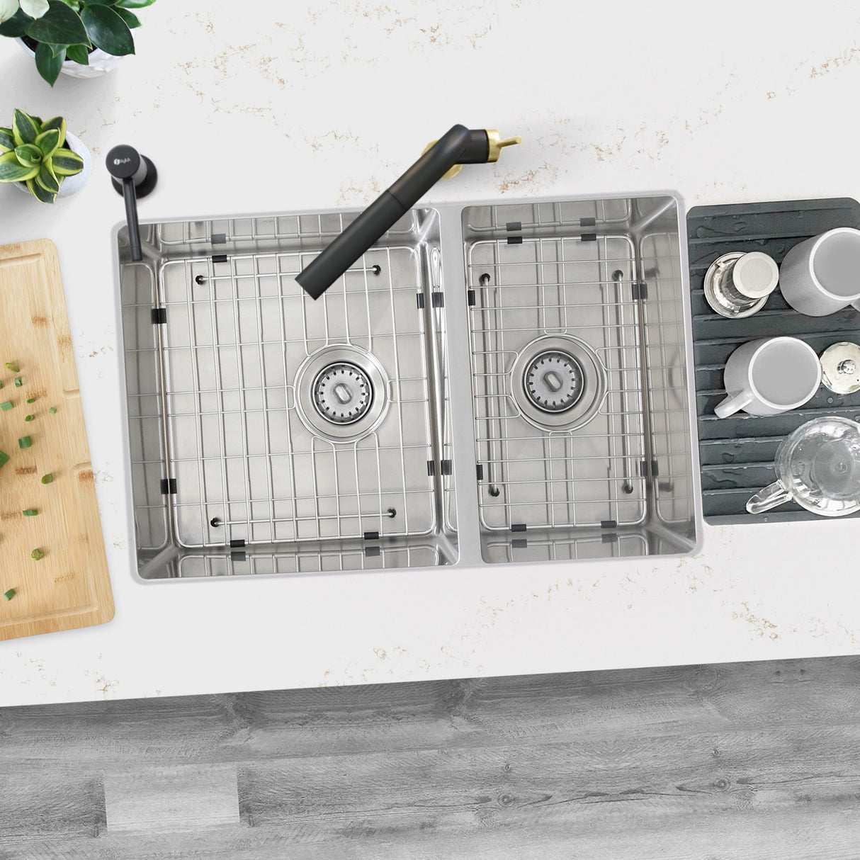28 in Undermount Double Bowl Kitchen Sink, 18 Gauge Stainless Steel with Grids and Standard Strainers , by Stylish Sevilla