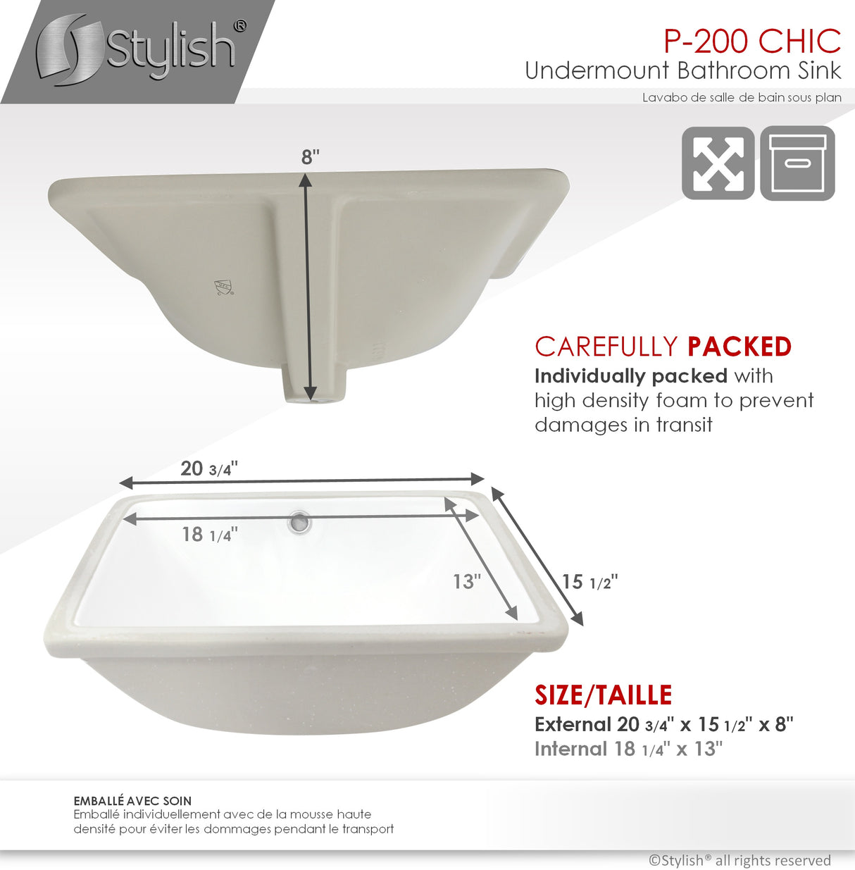 STYLISH 20 3/4 inch Rectangular Undermount Bathroom Sink with Overflow Polished Chrome