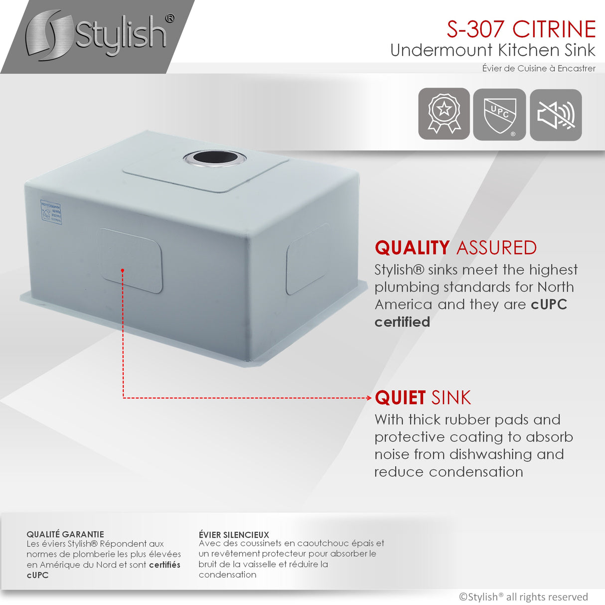 STYLISH 23 inch Single Bowl Undermount Stainless Steel Kitchen Sink