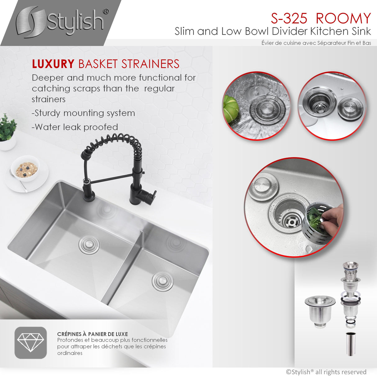 STYLISH 32 inch Low Divider 60-40 Double Bowl Undermount Stainless Steel Kitchen Sink