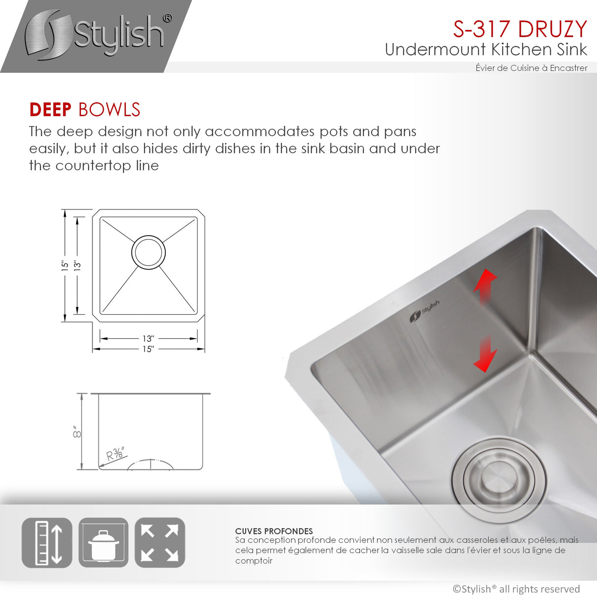 STYLISH 15 inch Single Bowl Undermount Stainless Steel Kitchen Sink