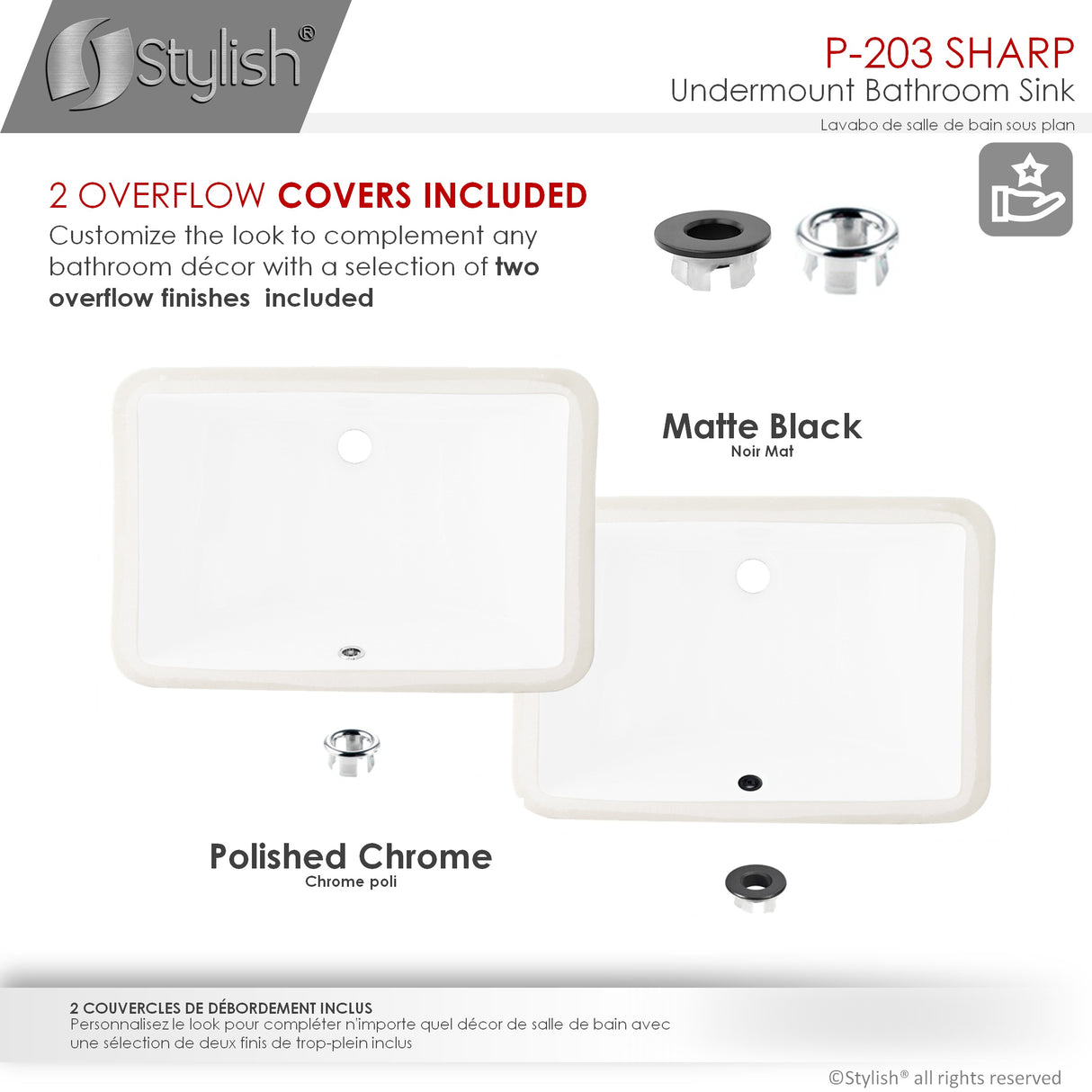 STYLISH 21 inch Rectangular Undermount Bathroom Sink with Overflow Polished Chrome