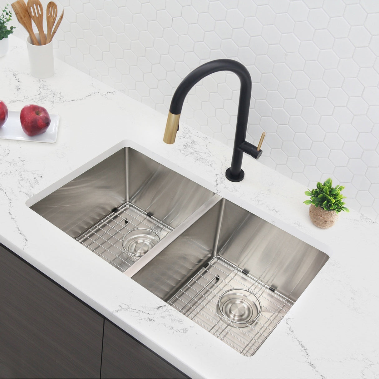 STYLISH 28 inch Double Bowl Dual mount 18G Stainless Steel Kitchen Sink with Grids and Strainers