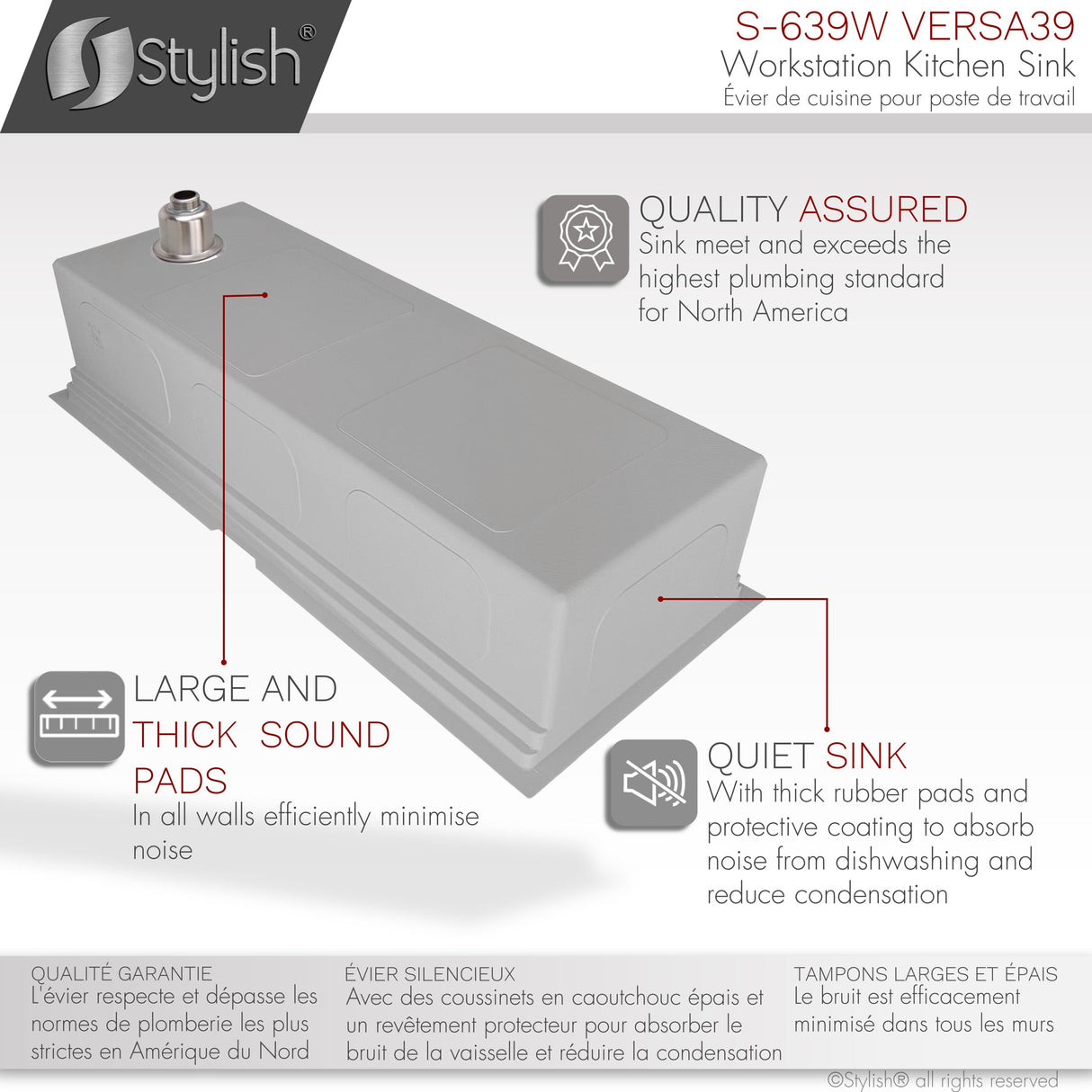 STYLISH 39 inch Ledge Workstation Single Bowl Undermount 16 Gauge Stainless Steel Kitchen Sink with Built in Accessories