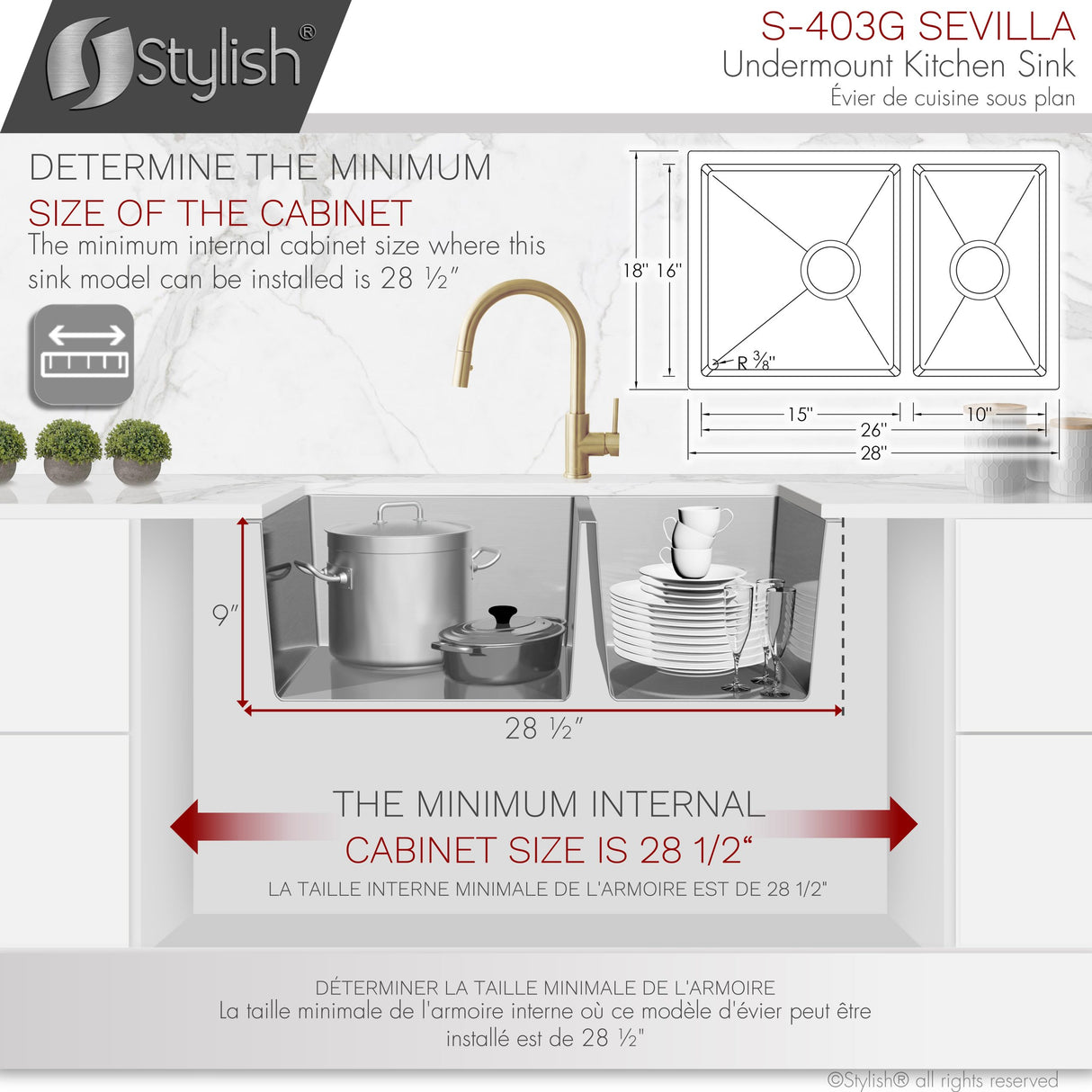 28 in Undermount Double Bowl Kitchen Sink, 18 Gauge Stainless Steel with Grids and Standard Strainers , by Stylish Sevilla