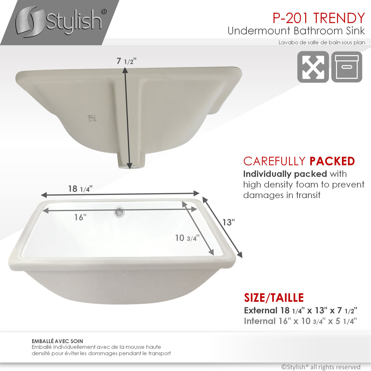 STYLISH 18 inch Rectangular Undermount Bathroom Sink with Overflow Polished Chrome