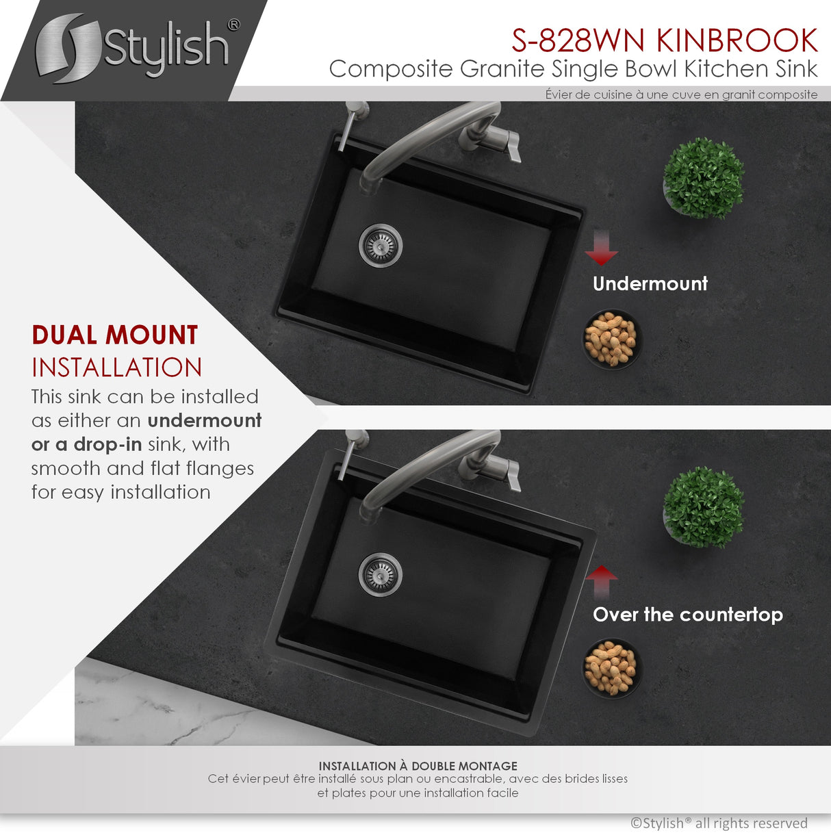 STYLISH 28 inch Dual Mount Workstation Single Bowl Composite Granite Kitchen Sink with Built in Accessories