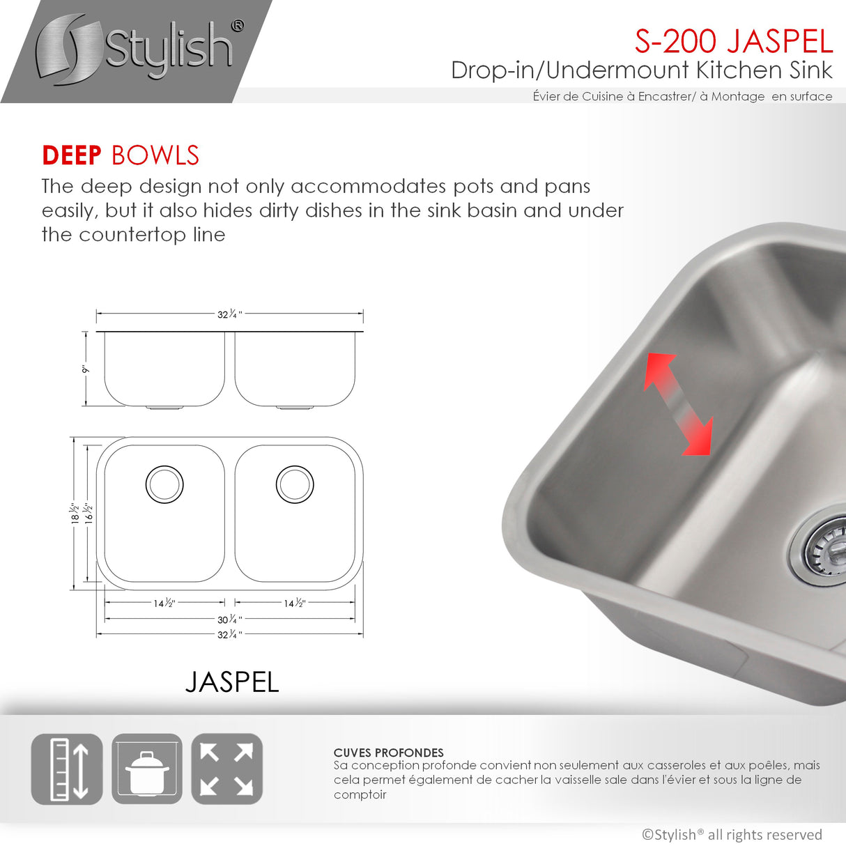 STYLISH 32 inch Double Bowl Undermount and Drop-in Kitchen Sink