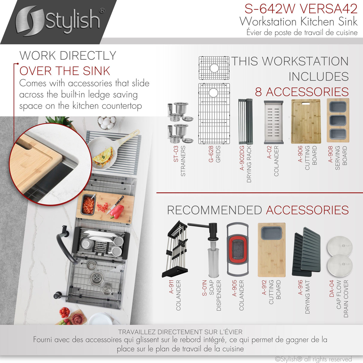 STYLISH 42 inch Workstation 70/30 Double Bowl Undermount Kitchen Sink with Built in Accessories