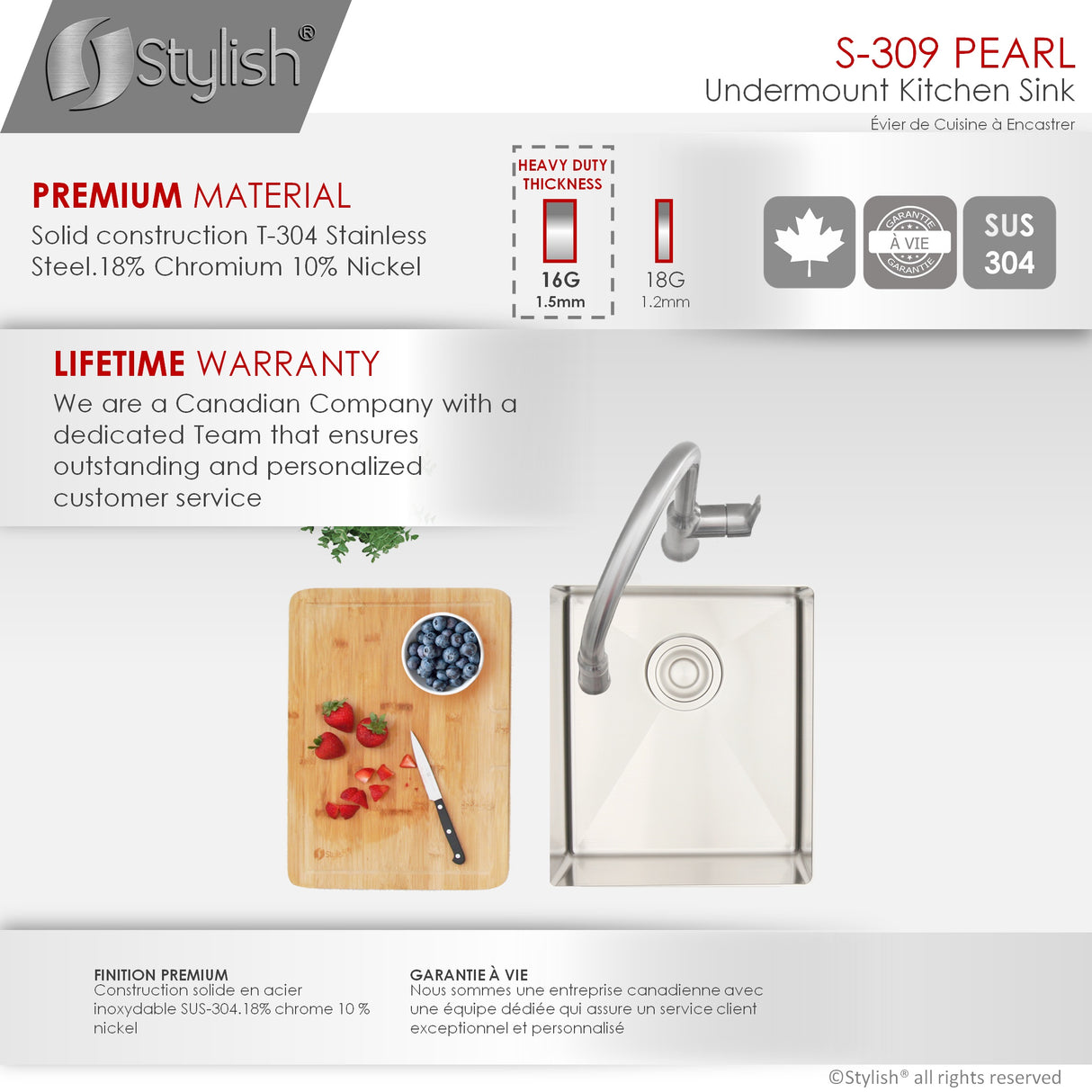 STYLISH 16 inch Single Bowl Undermount Stainless Steel Kitchen Sink Laundry