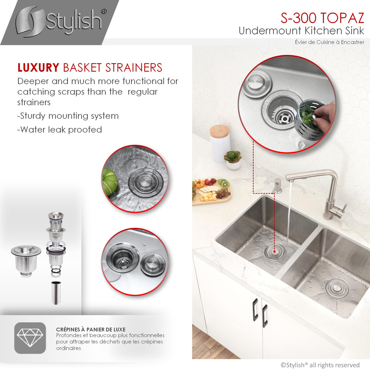 STYLISH 28 inch Double Bowl Undermount Stainless Steel Kitchen Sink